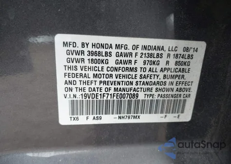 2015 Acura Ilx 2.0L z USA, uszkodzony, nr VIN 19VDE1F71FE007089